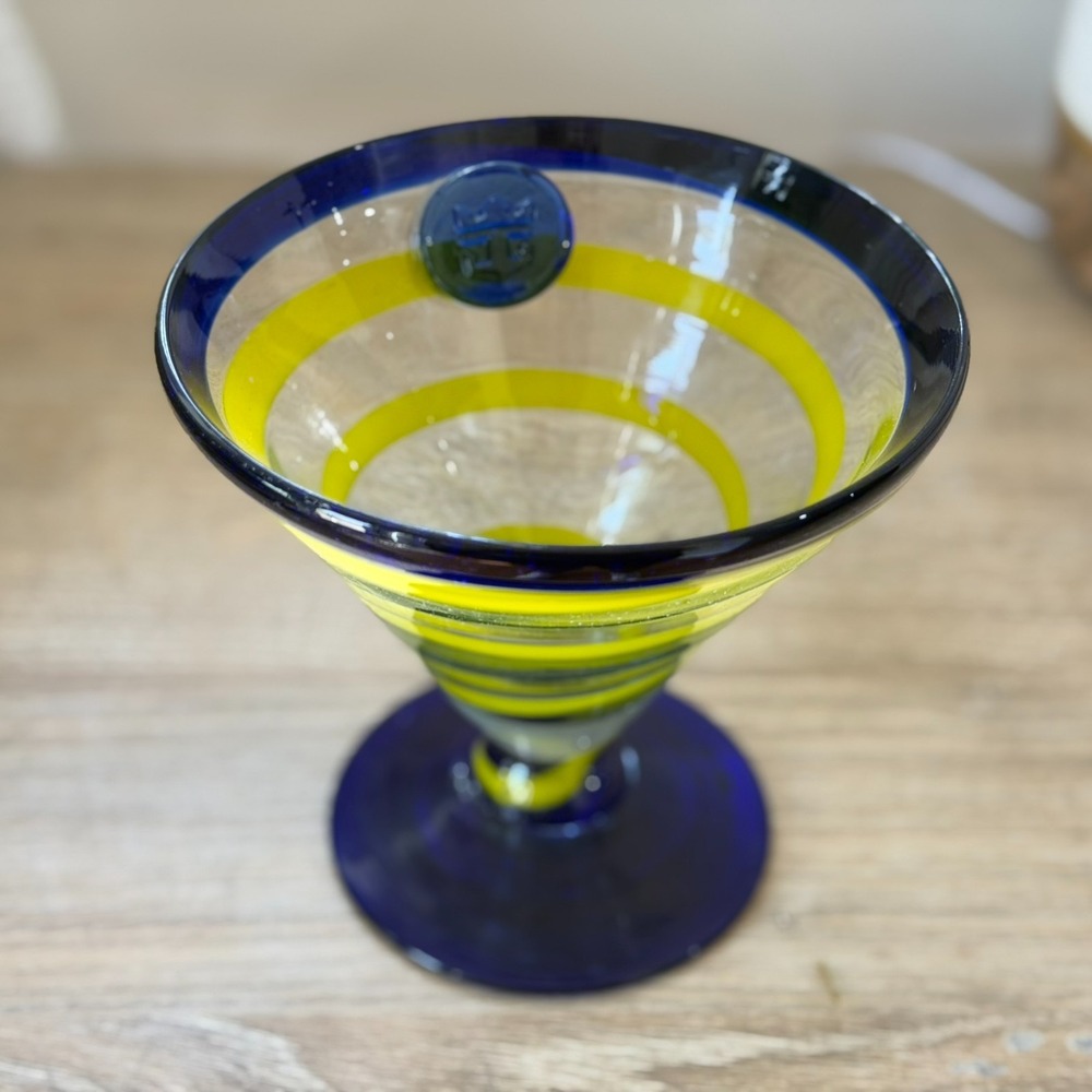 Kosta Boda Margarita Martini Hand Blown Glass Royal Caribbean Blue Yellow Swirl